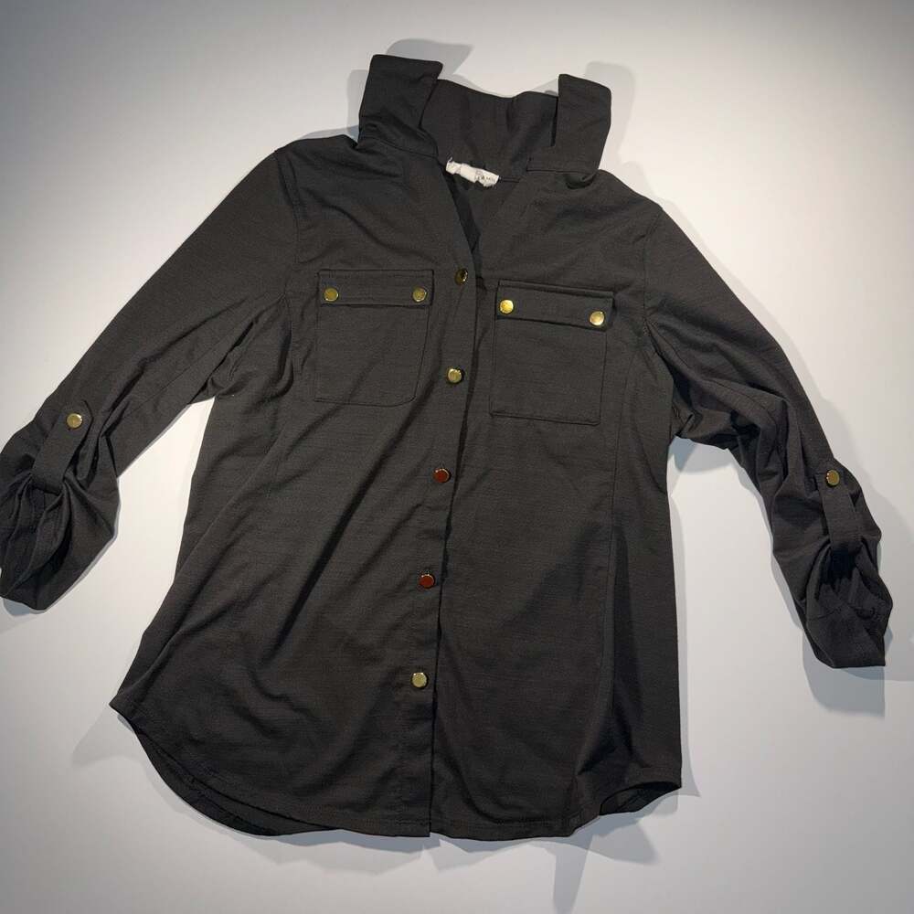Trio & Rian Black Button-Front Long Sleeve Utility Shirt Top